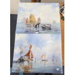 TWO OIL PAINTINGS ON BOARD BY JOHN G. KAY CHINESE JUNK AND FISHING BOATS (2)