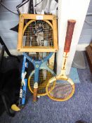 THREE WOODEN TENNIS RACKETS AND TWO WOODEN HOCKEY STICKS (5)