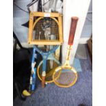 THREE WOODEN TENNIS RACKETS AND TWO WOODEN HOCKEY STICKS (5)