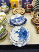 A SET OF FOUR DENBY 'SAVOY' DINNER PLATES, VARIOUS OTHER PLATES, BLUE AND WHITE PLATES ETC.....