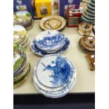 A SET OF FOUR DENBY 'SAVOY' DINNER PLATES, VARIOUS OTHER PLATES, BLUE AND WHITE PLATES ETC.....