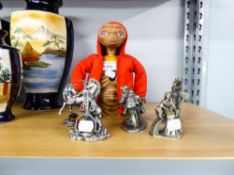 A GROUP OF FIVE PEWTER FIGURINES TO INCLUDE 'THE CRYSTAL UNICORN' AND UNIVERSAL STUDIOS E.T. BATTERY