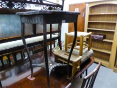 A STRING TOP STOOL, AN UPHOLSTERED OBLONG FOOTSTOOL, ON BALL FEET AND A CARVED WOOD SQUARE