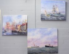 THREE OIL ON CANVAS BY JOHN G. KAY 'LIVERPOOL PILOT' A HARBOUR SCENE AND TWO SAILING SHIPS (3)