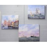 THREE OIL ON CANVAS BY JOHN G. KAY 'LIVERPOOL PILOT' A HARBOUR SCENE AND TWO SAILING SHIPS (3)