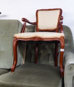 A REPRODUCTION MAHOGANY FRENCH STYLE BEDROOM ARMCHAIR ON CABRIOLE FRONT SUPPORTS