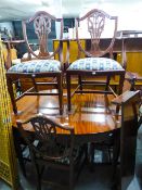 A REPRODUCTION MAHOGANY EXTENDING 'D' END DINING TABLE HAVING FLUTED LEGS AND A SET OF SIX