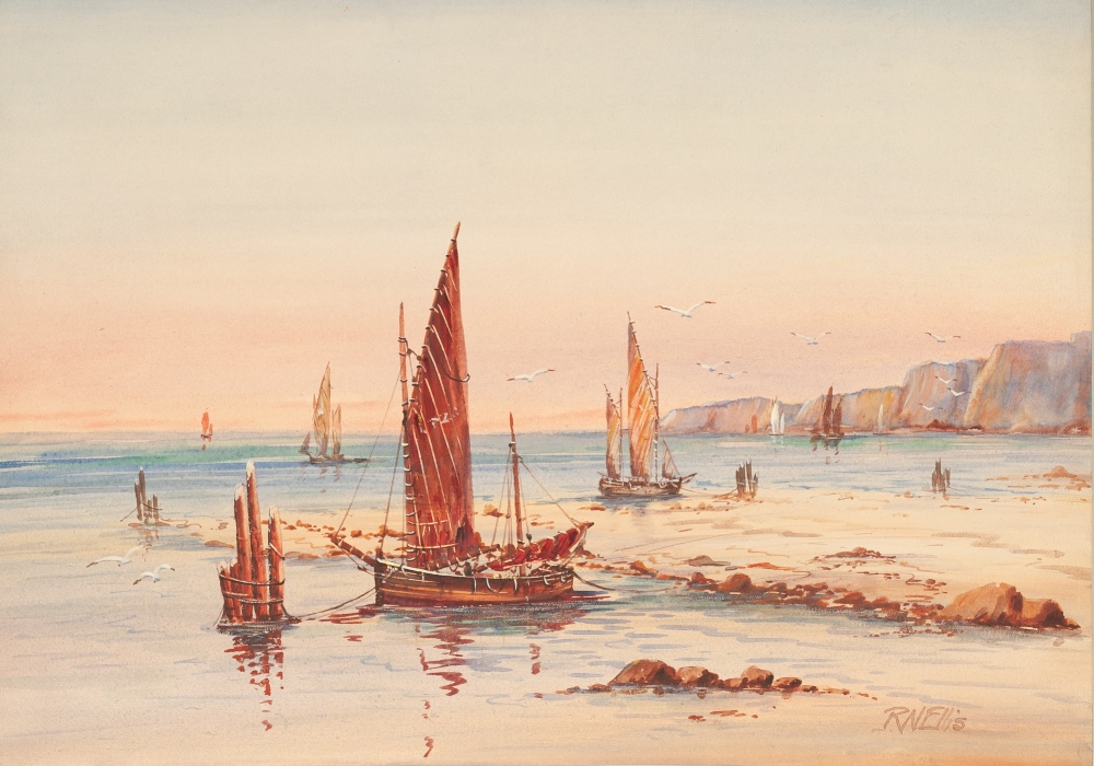 R.N. ELLIS (Early twentieth century) WATERCOLOURS, A PAIR Coastal scenes with fishing boats Signed 9 - Image 3 of 3