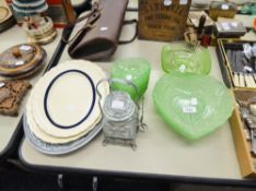 TWO MODERN CRESM PORCELAIN SERVING PLATES, A SET OF GREEN GLASS PLATE BOWLS, A PICKLE JAR AND