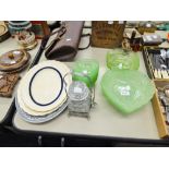 TWO MODERN CRESM PORCELAIN SERVING PLATES, A SET OF GREEN GLASS PLATE BOWLS, A PICKLE JAR AND