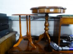 A MAHOGANY WINE TABLE ON TRIPLE COLUMN SUPPORTS AND TRIPOD SUPPORTS AND A MAHOGANY TRIPOD OCCASIONAL