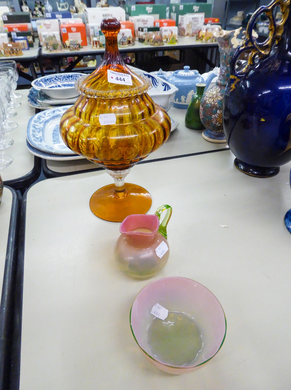 VICTORIAN SHADED PINK GLASS CREAM JUG AND SUGAR BASIN AND A LARGE DECORATIVE AMBER PEDESTAL BOWL