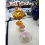 VICTORIAN SHADED PINK GLASS CREAM JUG AND SUGAR BASIN AND A LARGE DECORATIVE AMBER PEDESTAL BOWL