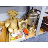 SEVEN COLOURED GLASS PAPERWEIGHTS, LEONARDO RESIN FIGURE, BOXED, TEDDY BEAR, METAL SAMOVAR, TRAVEL