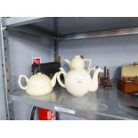 THREE POTTERY TEAPOTS AND A COFFEE POT, THREE OAK PHOTOGRAPH FRAMES AND A KODAK CAMERA