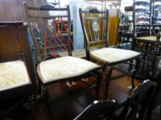 A PAIR OF EDWARDIAN MAHOGANY LOW SEATED DRAWING ROOM SINGLE CHAIRS, THE SPLAT BACKS HAVING BONE