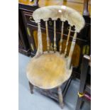 HARDWOOD WINDSOR CHAIR WITH CIRCULAR PANEL SEAT; AN OVAL WALL MIRROR AND ANOTHER (3)