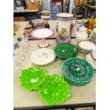 A WEDGWOOD LEAF PLATE ND SIX SIMILAR, A DOUBLE LEAF SERVING PLATE, A CAKE STAND WITH PINK AND GILT