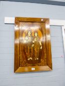 AN OAK FRAMED MARQUETRY PICTURE OF TWO LADIES IN GREETING POSE, IN ELABORATE ATTIRE WITH BONE INLAY