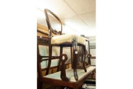 A VICTORIAN BALLOON BACK DINING CHAIR, WITH CARVED TOP AND PIERCED BACK RAIL, HAVING STRIPED