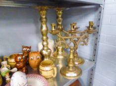 PAIR OF BRASS CANDLESTICKS AND TWO BRASS CANDELABRUM