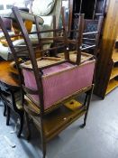 A PINK LOOM OTTOMAN BOX AND A PAIR OF MAHOGANY BEDROOM SINGLE CHAIRS WITH CANE SEATS, A TWO TIER