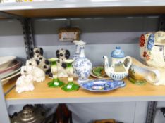 A PAIR OF STAFFORDSHIRE STYLE DOGS, DITTO, A PAIR OF VASES, A PAIR OF CANDLESTICKS, VASES, A