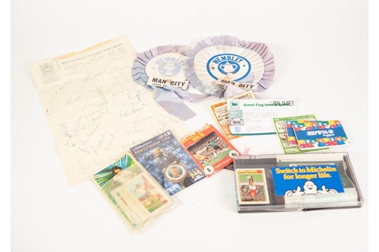 SMALL QUANTITY OF FOOTBALL MEMORABILIA TO INCLUDE; TICKET STUBS FROM WEMBLEY, ROSETTES ETC.. 4 F.