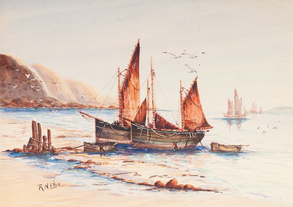 R.N. ELLIS (Early twentieth century) WATERCOLOURS, A PAIR Coastal scenes with fishing boats Signed 9 - Image 2 of 3