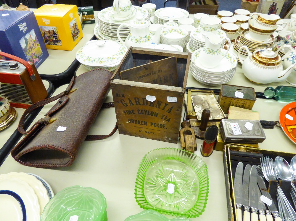 A LATE TWENTIETH CENTURY WOODEN PASTRY DECORATION WHEEL TOGETHER WITH OLD TINS, A BRASS BOX ETC..