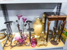 FOUR PEWTER TANKARDS, SINGLE TABLE, BRASS TABLE LAMP BASE, A PORCELAIN BALUSTER EXAMPLE WITH CREAM