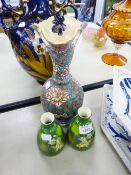 A LATE TWENTIETH CENTURY POTTERY BOTTLE VASE WITH FLARED CUT OUT RIM, AND TWO GREEN VASES (3)