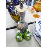 A LATE TWENTIETH CENTURY POTTERY BOTTLE VASE WITH FLARED CUT OUT RIM, AND TWO GREEN VASES (3)