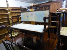 A VICTORIAN MAHOGANY AND INLAID BENCH, HAVING PIERCED TOP RAIL OVER PAD SEAT, ON SQUARE FLUTED