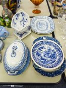 A COLLECTION OF NINETEENTH CENTURY BLUE AND WHITE SERVING PLATES AND TABLE WARES