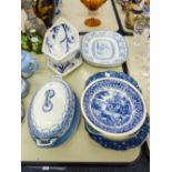 A COLLECTION OF NINETEENTH CENTURY BLUE AND WHITE SERVING PLATES AND TABLE WARES