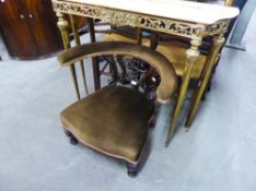 VICTORIAN CARVED WALNUT TUB SHAPED NURSING CHAIR WITH UPHOLSTERED TOP RAIL AND STUFFED OVER SEAT