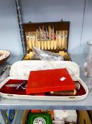 A SET OF SILVER PLATE CUTLERY FOR SIX PERSONS IN FITTED BOX, CARVING SET WITH HORN HANDLE AND