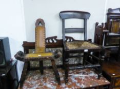 A VICTORIAN MAHOGANY DINING CHAIR, WITH RUSH SEAT AND A NAIVE SPINNING STOOL WITH PAD BACK AND
