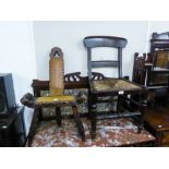 A VICTORIAN MAHOGANY DINING CHAIR, WITH RUSH SEAT AND A NAIVE SPINNING STOOL WITH PAD BACK AND