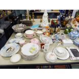 A COLLECTION OF MISC CERAMICS TO INCLUDE; FIGURINES, RIBBON PLATES, JUGS, PLATES ETC.....