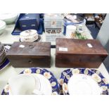 ANTIQUE MAHOGANY OBLONG TEA CADDY AND AN ANTIQUE GRAINED PINE TEA CADDY WITH RING HANDLE ON BALL