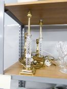 A PAIR OF MODERN BASS AND CUT GLASS TABLE LAMPS AND THREE SMALLER BRASS EXAMPLES