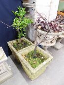 A PAIR OF MODERN STONEWARE SQUARE GARDEN URNS WITH CELTIC DECORATION (2)