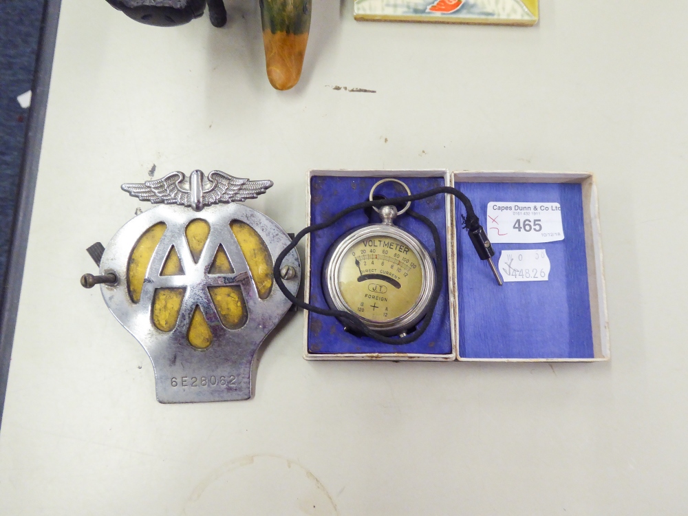 VOLTMETER, IN ORIGINAL BOX AND A VINTAGE 'AA' CAR BADGE NO. 6E28062 (2)