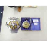 VOLTMETER, IN ORIGINAL BOX AND A VINTAGE 'AA' CAR BADGE NO. 6E28062 (2)