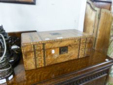 A LARGE VICTORIAN WALNUT AND TUNBRIDGE BANDED WRITING BOX (LACKS INTERIOR FITTINGS) 20" WIDE