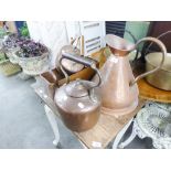 TWO OLD COPPER KETTLES (ONE LARGE), ONE LARGE OLD COPPER PITCHER, ONE OBLONG OLD COPPER PLANTER