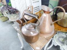 TWO OLD COPPER KETTLES (ONE LARGE), ONE LARGE OLD COPPER PITCHER, ONE OBLONG OLD COPPER PLANTER