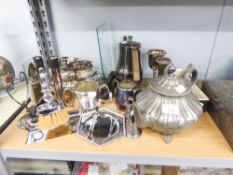A JAMES DICKINSON AND SONS PEWTER ELABORATE TEAPOT, RAISED ON FOUR SUPPORTS AND A COLLECTION OF EP